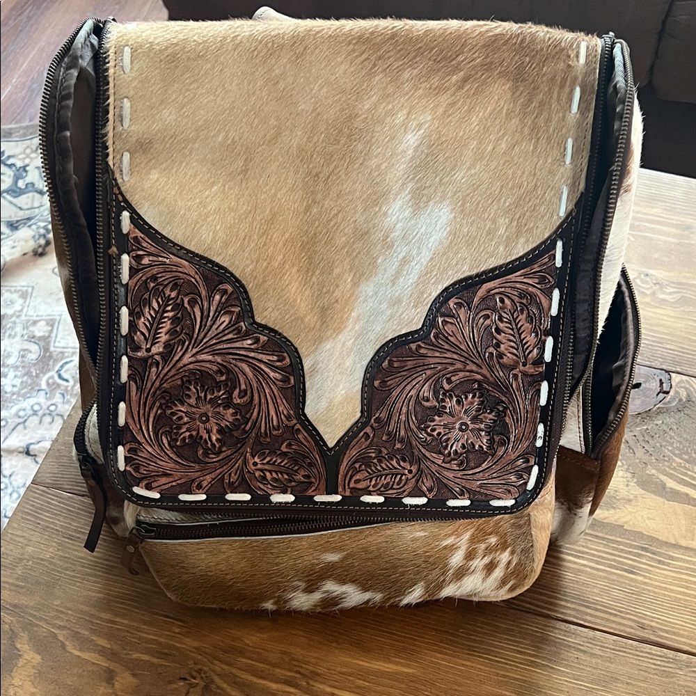 Cowhide Leather Backpack with Tooled Floral Trim - Tan & White